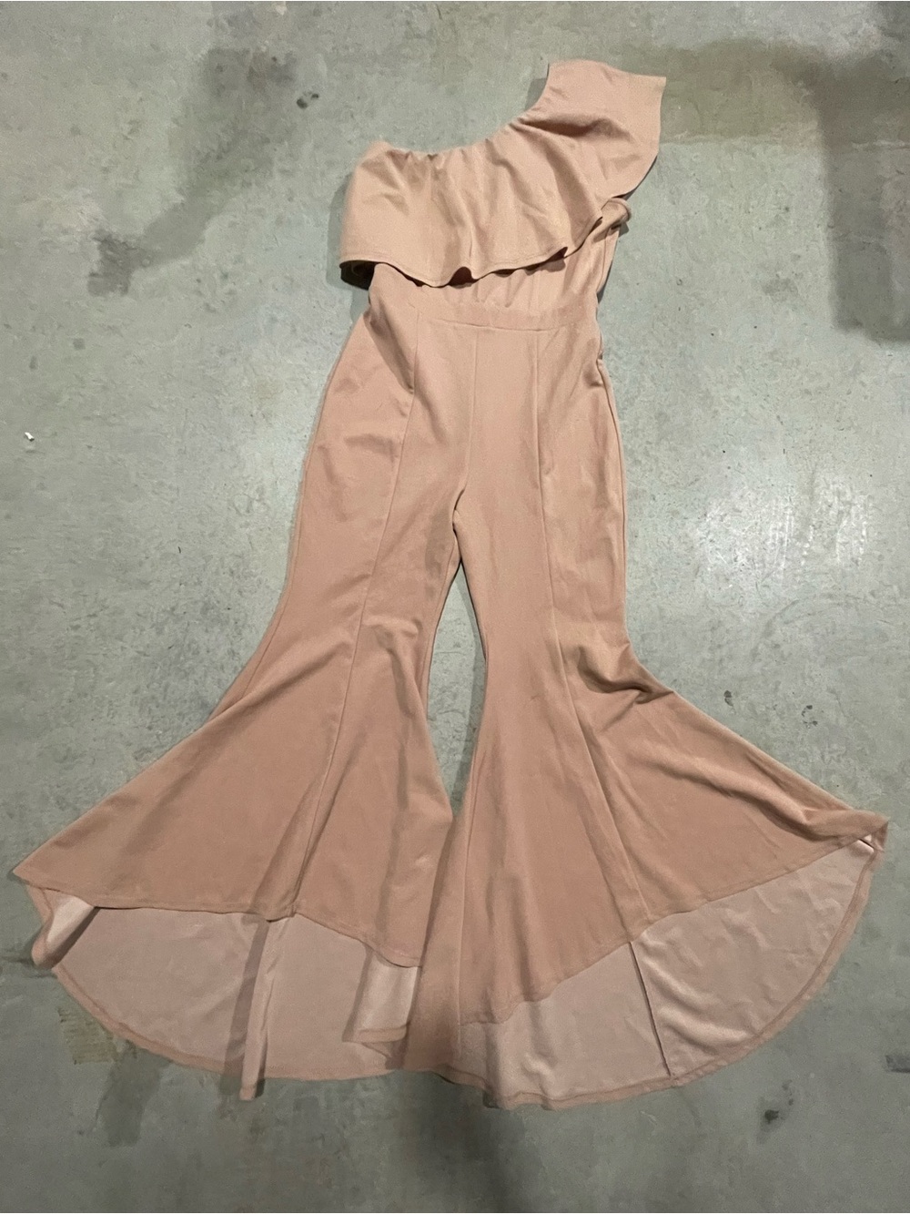 FAVLUX One-Shoulder Ruffle Wide-Leg Jumpsuit in Nude Light Beige